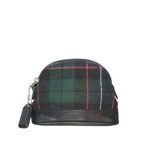 Coach Tartan Domed Small Green Plaid Wool Leather Cosmetic Coin Purse Pouch Bag